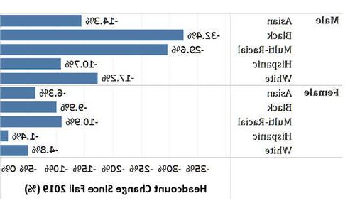 Headcount percentage changes by sex and race/ethnicity.  Asian down 14.3% male, 6.3% female. Black down 32.4% male, 9.9% female. Multi-racial down 29.6% male, 10.9%. Hispanic down 10.7% male, 1.4% female. White down 17.2% male, 4.8% female.